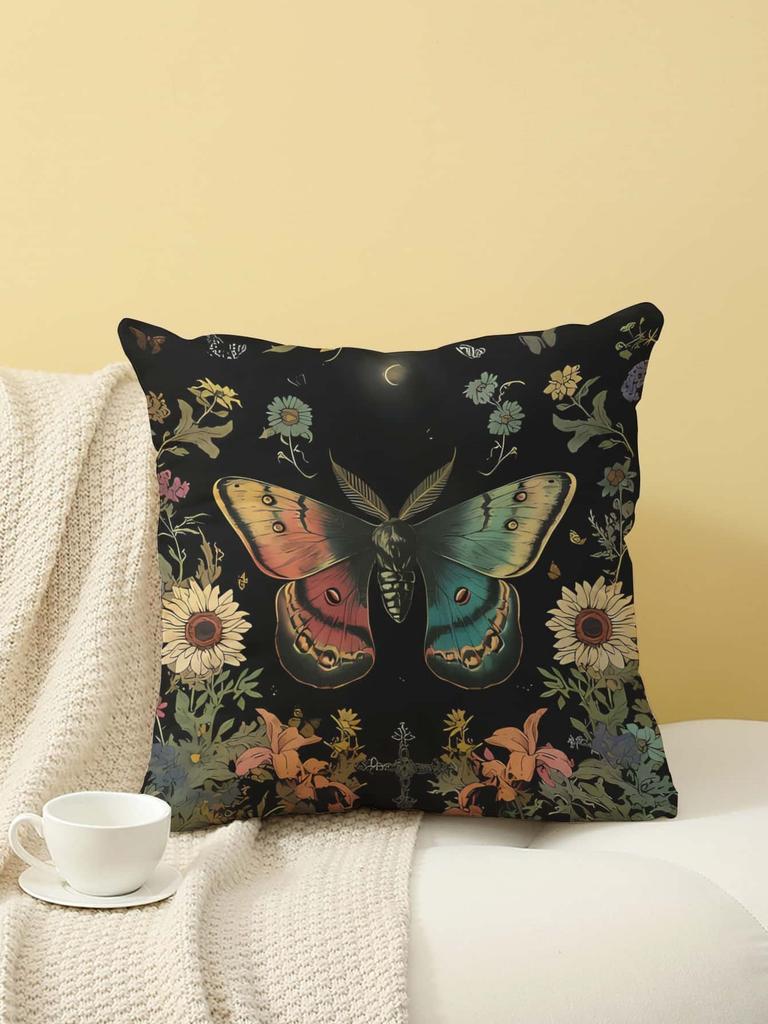 Vintage Moth and Floral Print Throw Pillow Cover, Cushion Case for Sofa Bedroom Living Room Couch Bed Office Chair Home Decor