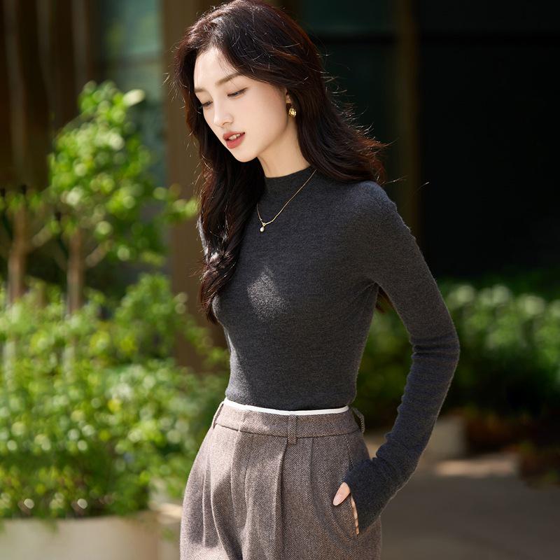 Autumn Women's Half High Neck Knitted Wool Sweater - Slim Fit, Long Sleeve, Plus Size, Elegant Top