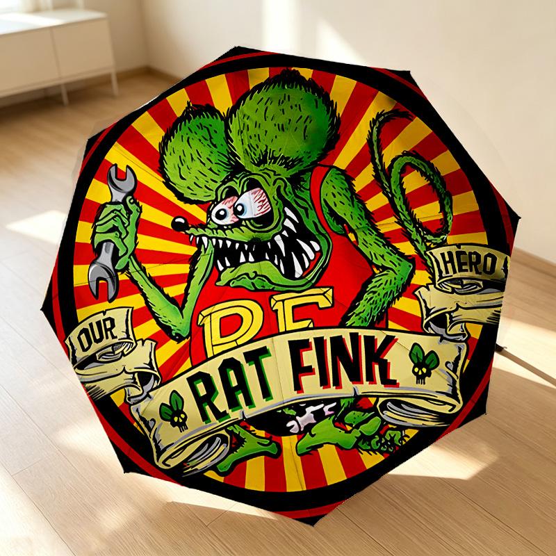 Rat Fink Art 8 Ribs 3Fold Black Glue Uv Protection Umbrella Sun Protection Rainproof Compact Folding Umbrella For Travel Daily Use C92323
