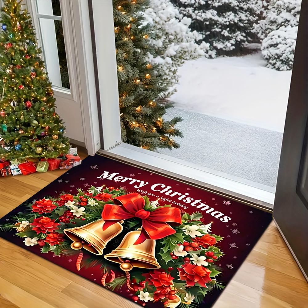 VIKAMA Bow Bell Poinsettia Christmas Doormat Non-Slip Washable Front Door Rug Indoor Outdoor Winter Holiday Decor