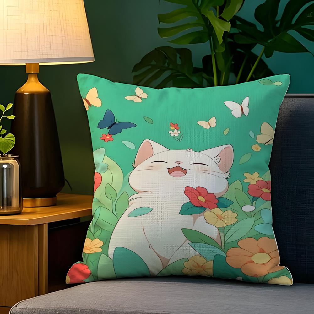 Spring Sunshine Cat Illustrations  Pillow Case Natural Linen Pillow Case DoubleSided Decor Sofa Pillowcase Home Decor