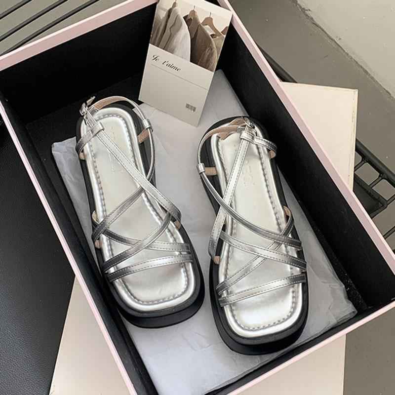 Обувь женская летняя 2024 года, римские сандалии на толстой подошве, плоская подошва, модные босоножки на высоком каблуке, женские с перекрестным ремнем, женская обувь