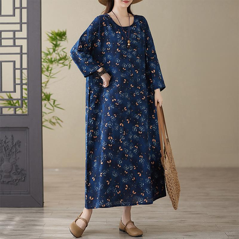 Весеннее цветное платье в стиле «отпуск», для путешествий в стиле ретро, свободное, повседневное, большого размера, с длинными рукавами, из хлопка и льна