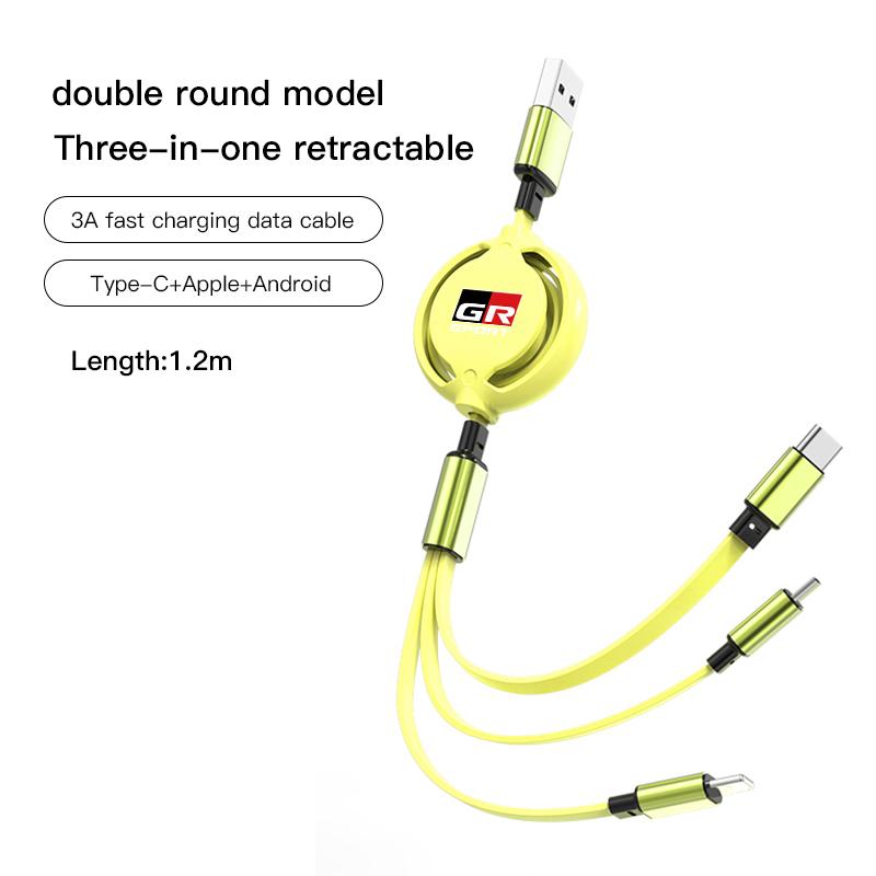 3 In 1 Retractable Mobile Phone Fast Charging Cable For  Toyota Corolla Camry Asian Dragon Supra Hilux Land Cruiser GR SPORT TRD