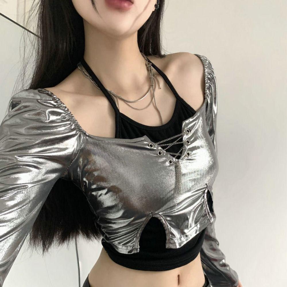 Pullover Y2K Slim Crop Tops Glossy Fake Two-pieces Shirts Sweet Long Sleeve T Shirt  Autumn