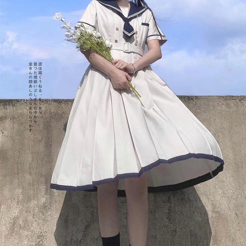 Dress Women JK Girls Japanese Preppy Style Lolita Sailor Suit Dresses Y2k Gothic Kawaii Vintage Short Sleeve Summer Midi Dress