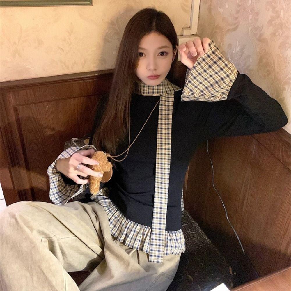 Милый топ с длинными рукавами и оборками из сетки, облегающий топ, модная футболка из двух частей, весна