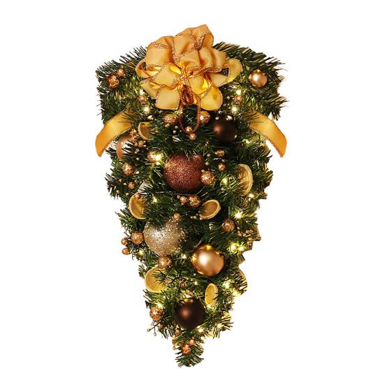 Christmas Wreath for Front Door Artificial Green Pine Needles Teardrop Swag Christmas Garland Decoration with Balls Bows Holiday Decor