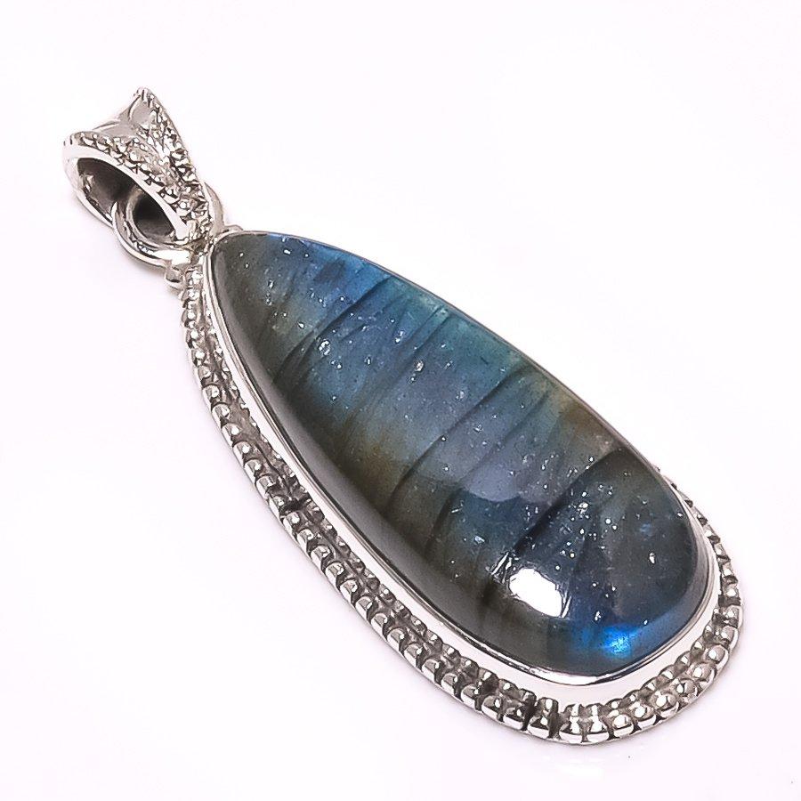 Natural Labradorite Gemstone 925 Solid Sterling Silver Gift Pendant 1.77" Q4A20