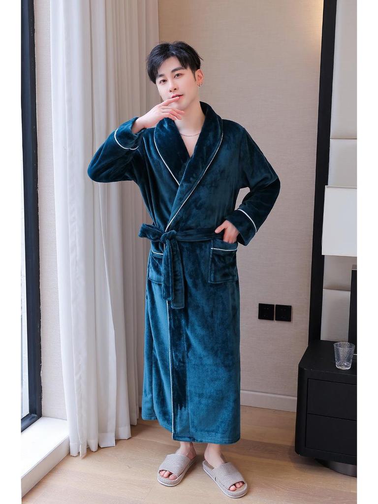 Комплект коралловых флисовых пижам для пары: Женский и мужской длинный, толстый, теплый халат для осени и зимы