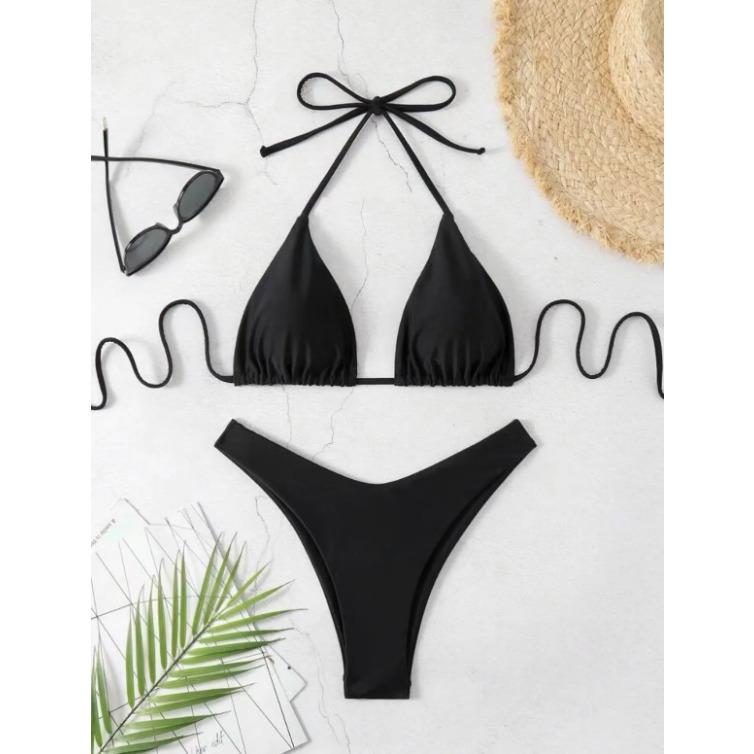 2025 Женский белый купальник бикини с уплотнением на груди, новый сексуальный купальник бикини халтер, комплект из двух частей со шнурками, однотонный бразильский купальник