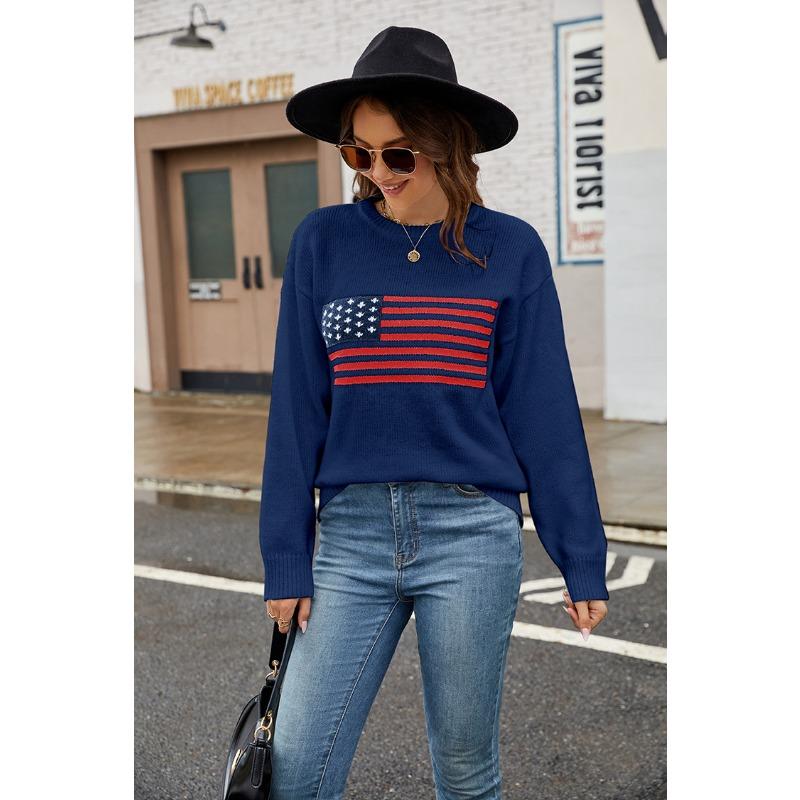 Autumn/Winter Round Neck Long Sleeve American Flag Printed Sweaters Easter Independence Day Fashion Women's Sweaters