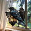 Raven On Lantern Acrylic Suncatcher Faux Stained Glass Window Wall Hanging Ornament Gothic Crow On Lamp Halloween Decor for Dark Academia Home Decor