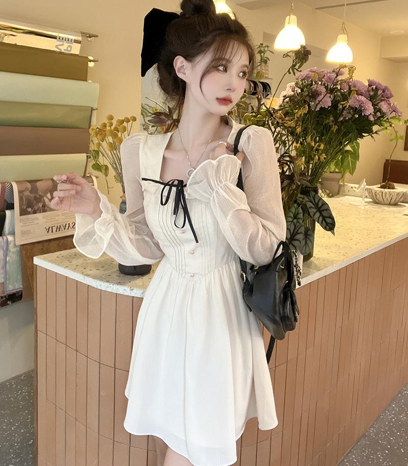 Весеннее милое платье с длинным рукавом, женские корейские белые осенние вечерние платья с квадратным воротником