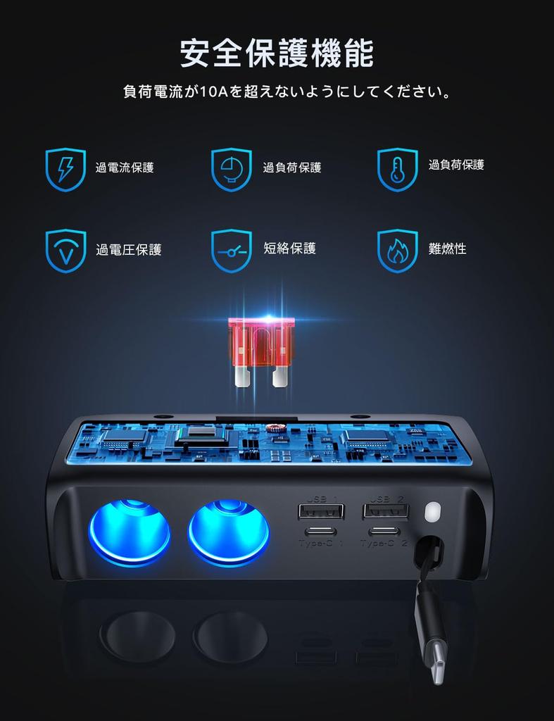 Гнезда прикуривателя OOWOLF, 2 удлинителя, 6 USB-портов, выдвижное зарядное устройство, 148 Вт, шнур