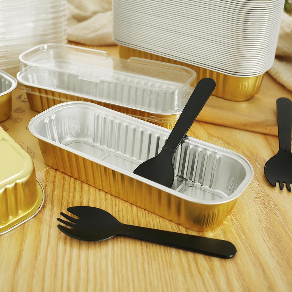 50Pcs Mini Cake Pans with Lids and Spoons Aluminum Foil Baking Pans Mini Bread Containers Muffin Tins Loaf Pans Kitchen Tools