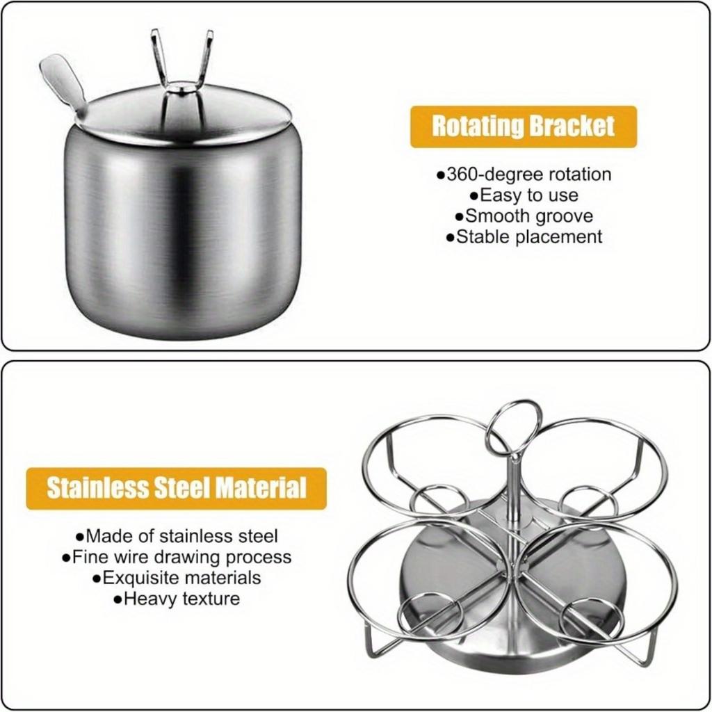 3 Pcs Stainless Steel Seasoning Condiment Jars, Revolving Sugar Bowl Coffee Pot Rotating Spice Jar Set with Rack Spice Container with Lid and Spoon
