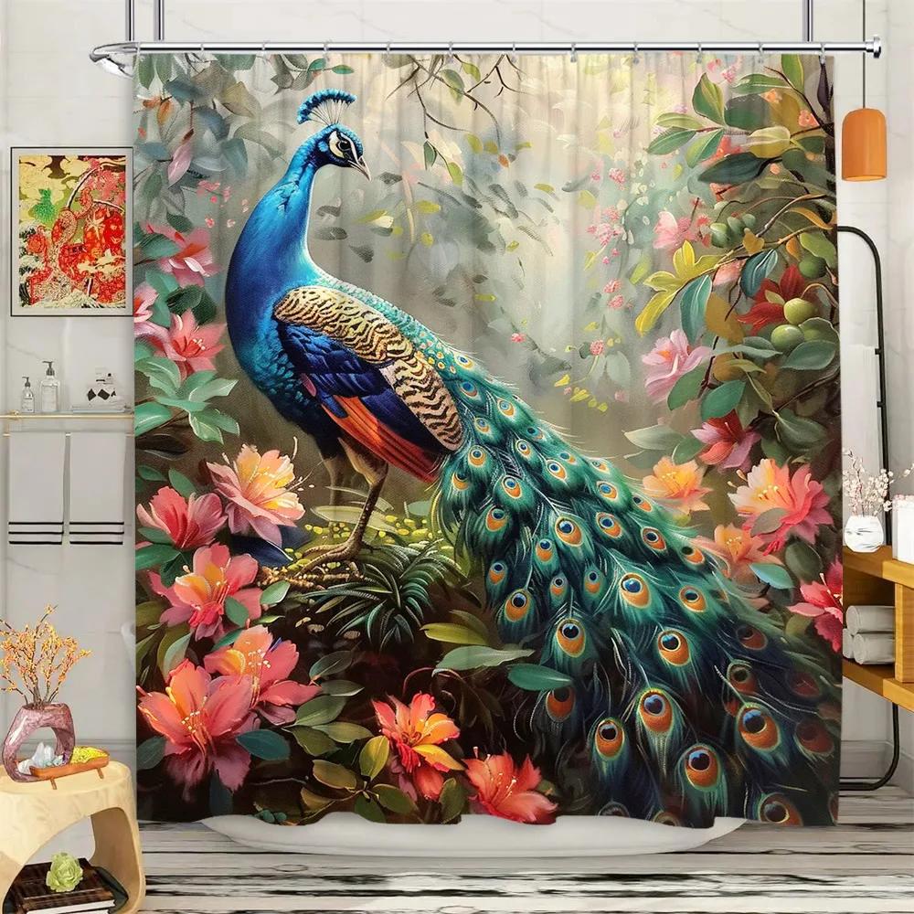 Peacock Shower Curtain Tropical Plant Flower Leaf Landscape Vintage Oil Painting Elegant Polyester Fabric Bathroom Decor Curtain