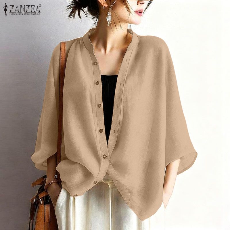 ZANZEA Women Round Neck Loose Casual 3/4 Sleeve Blouse