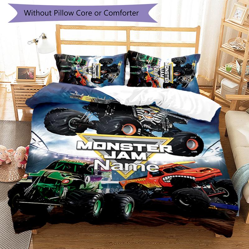 3pcs Custom Name Cartoon Monster Jam Bedding Set Duvet Cover Closure Includes 1 Duvet Cover & 2 Pillowcases for All Seasons Bedroom Decor