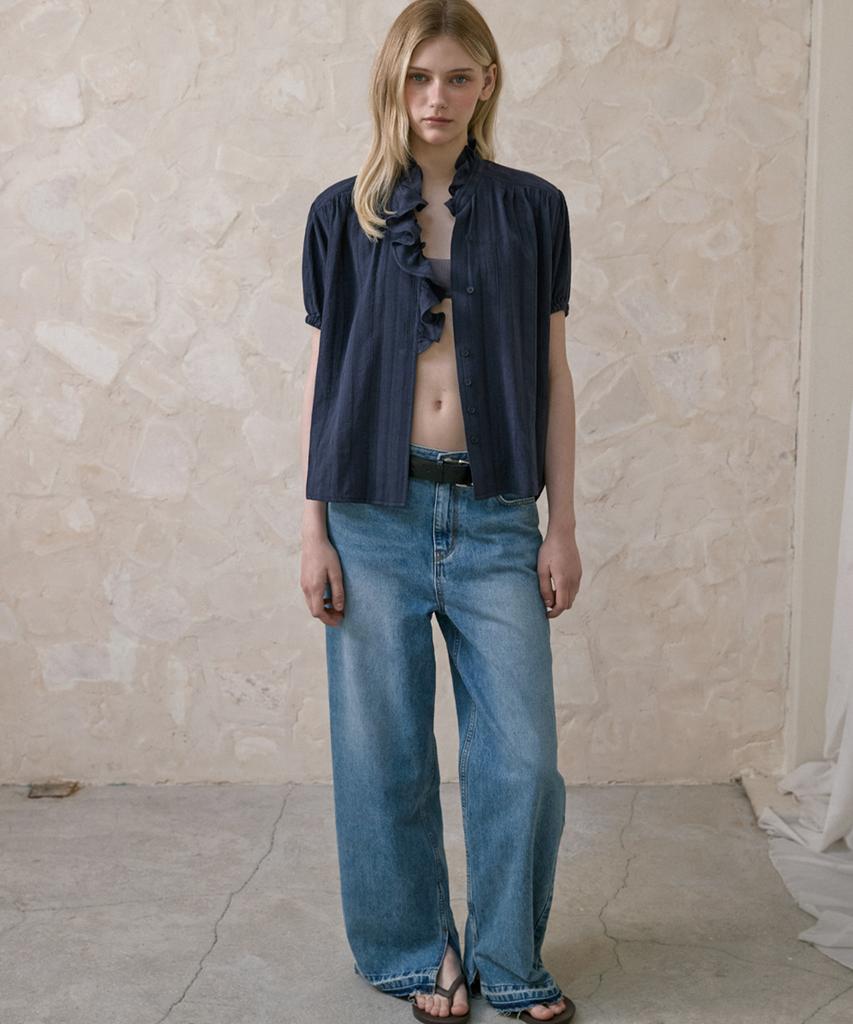 SIGREAT Embroidered Frill Blouse_Navy