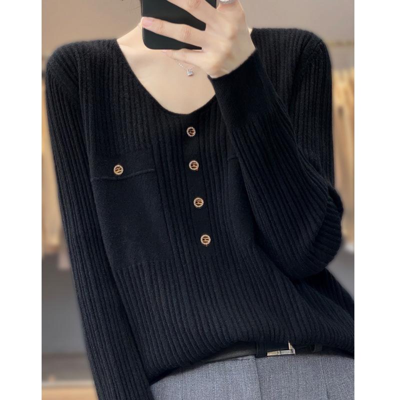 DAFIFY Women's Fashion Casual Fall Winter Solid Color Print Long Sleeve V-Neck Sweaters