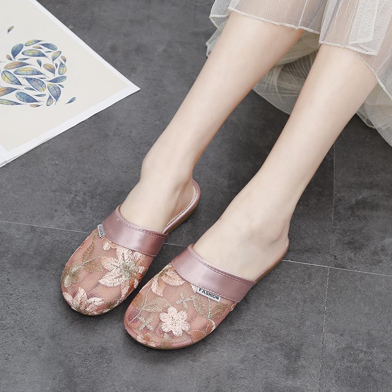 Женские домашние сандалии и тапочки. Летние нескользящие кружевные домашние льняные тапочки.