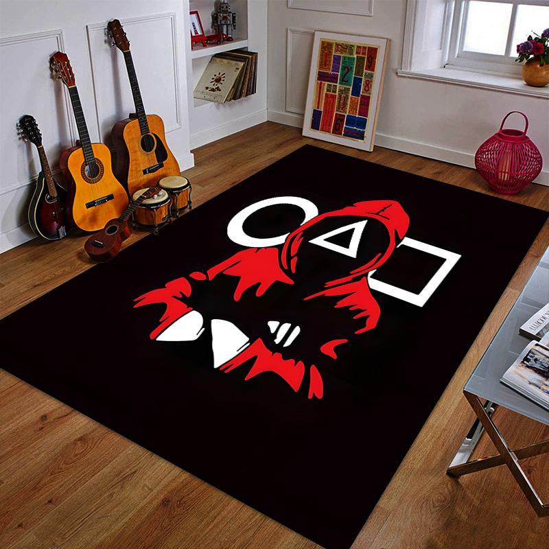 Red Hooded Figure with Geometric Symbols Patterned carpet a non slip rug suitable for all seasons and any setting, gift