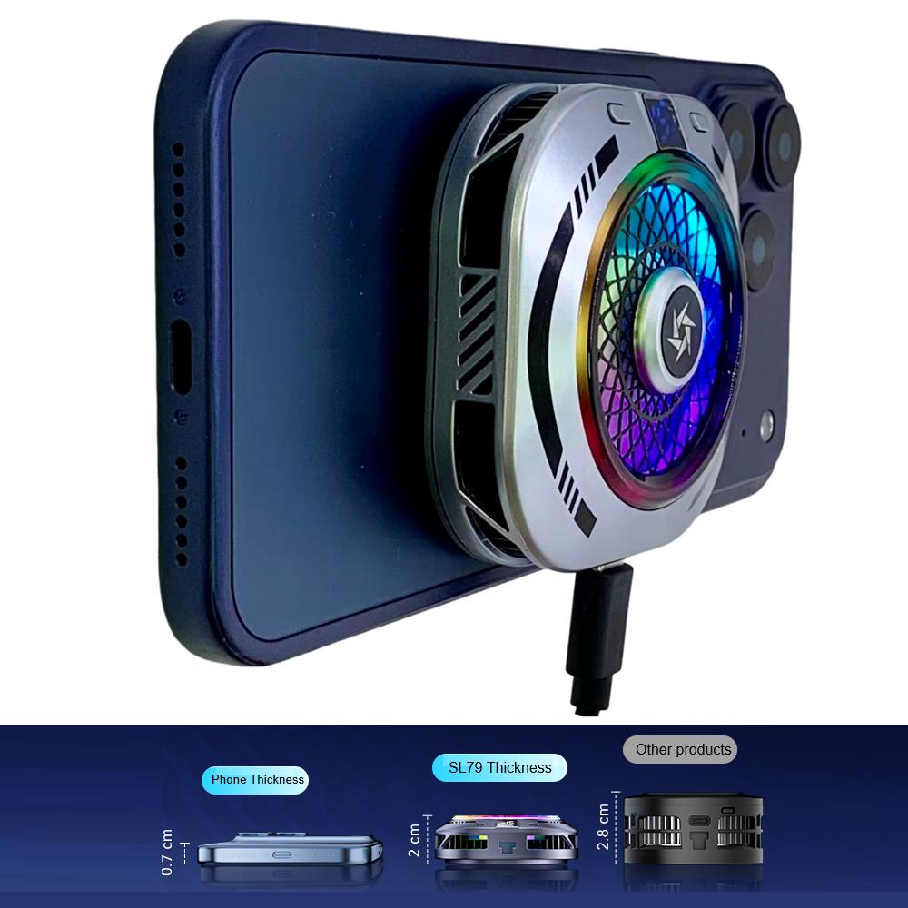 SL79 Semiconductor Phone Cooler 15W Powerful Cooling Large Area Thinner Temp Control RGB Flowing Lights Back Clip Magnetic