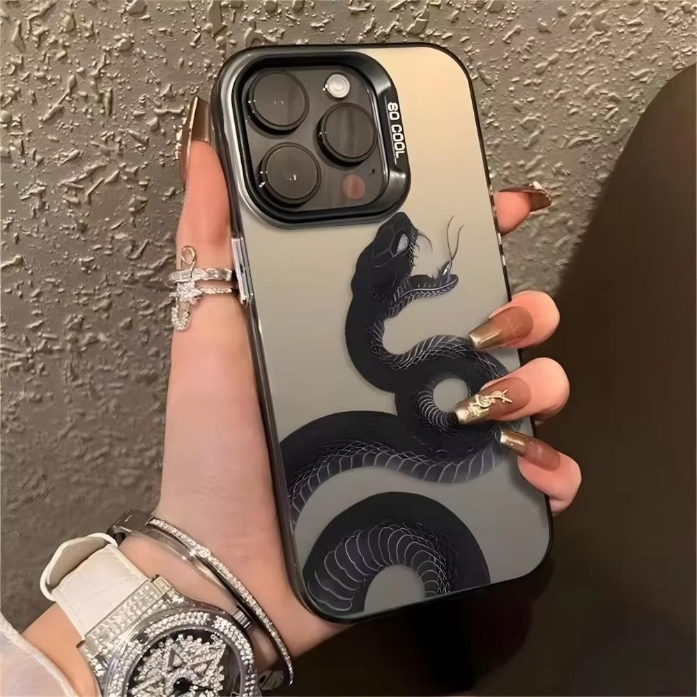 Крутой черный змеиный чехол для телефона iPhone 15 Pro Max 11 12 13 16 14 Plus Силиконовый противоударный чехол Защитная оболочка для объектива