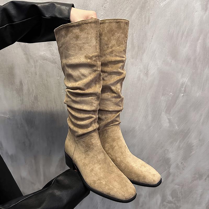 Модные женские сапоги до колена, осенне-зимняя женская обувь, модные слипоны, складки, низкий каблук, круглый носок, плоские длинные сапоги