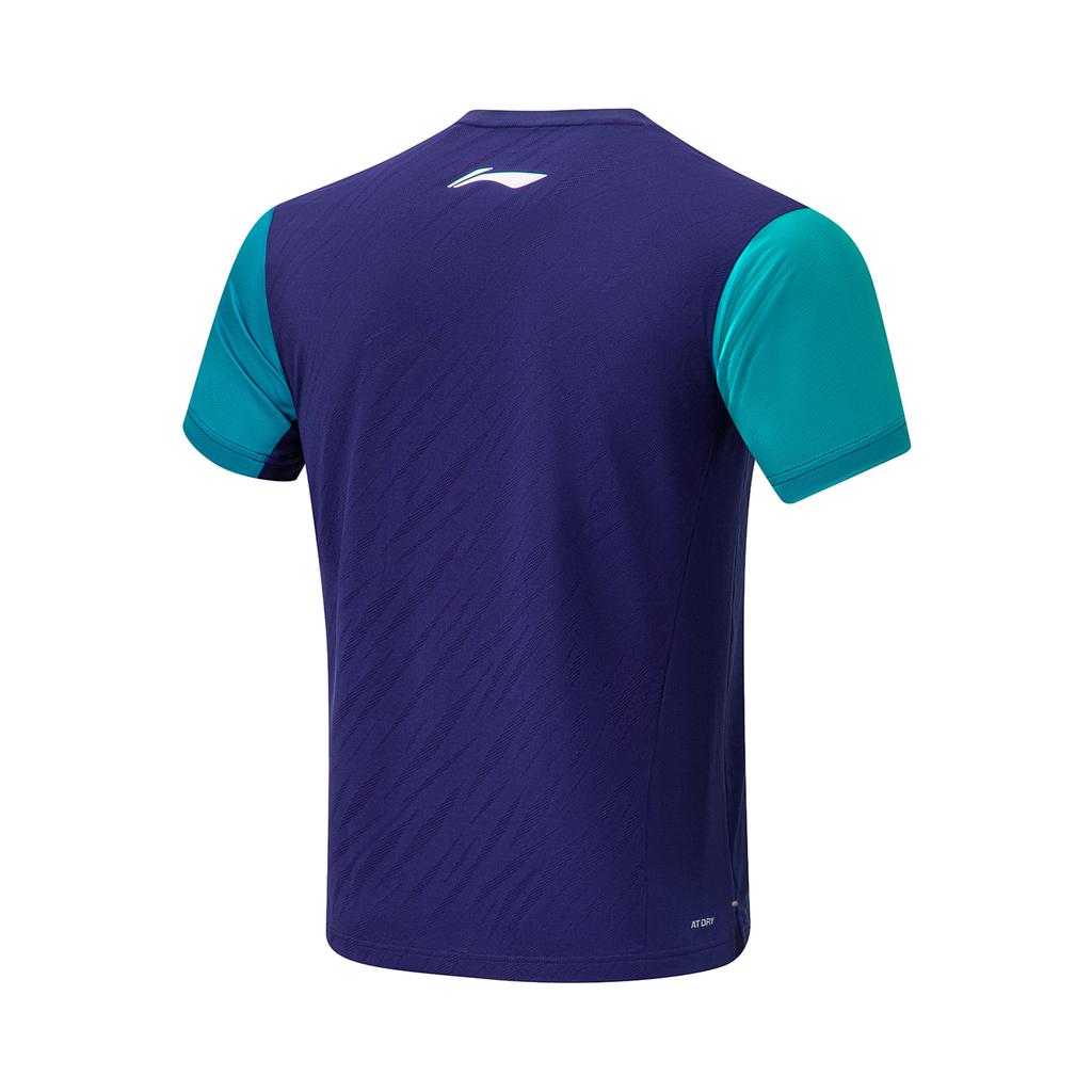 Li-Ning Футболка унисекс с круглым вырезом и принтом в виде цветных блоков и ромбов, быстросохнущая, с коротким рукавом, цвет синий AAYU033-2