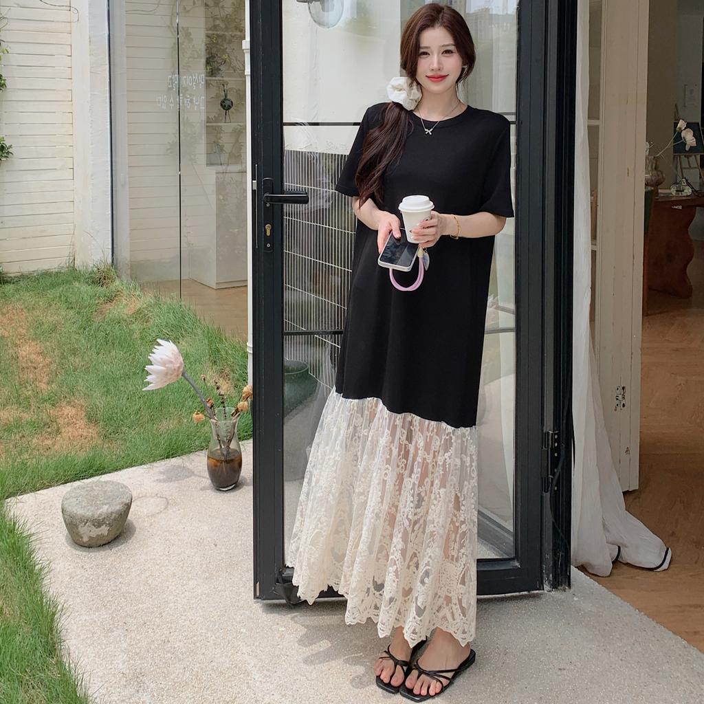 Dimanaf 2025 Лето Плюс Размер Платье Женское Свободное Винтажное Повседневное Базовое Оверсайз Кружевное Сращивание Длинное Платье