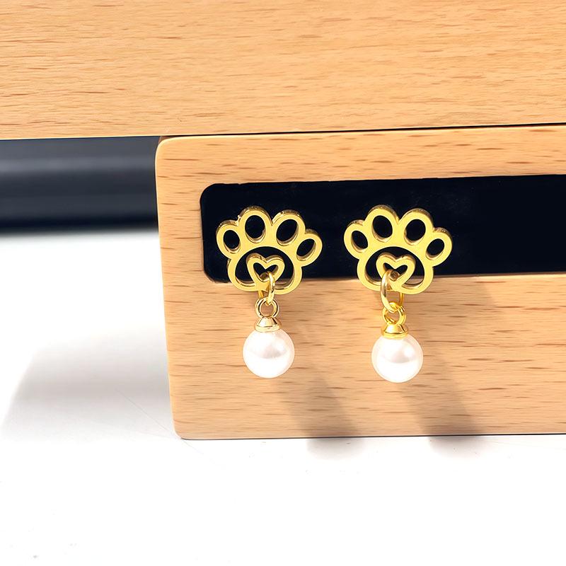 Stainless Steel Cartoon Dog Paw Pearl Stud Earrings