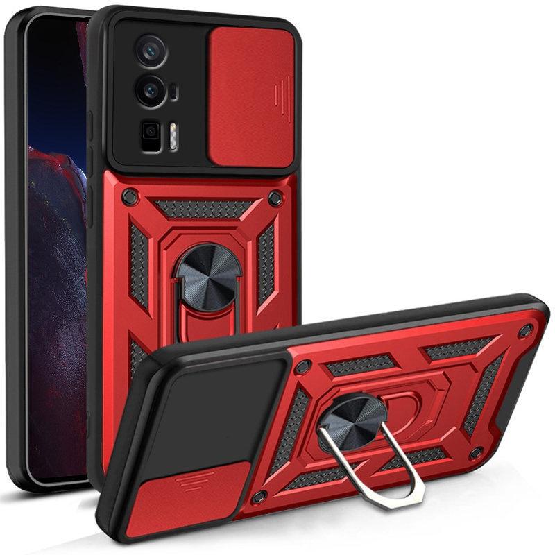 Armored Case Set for Xiaomi Poco F5 Pro, Nox Camera Slide, Red + Glass