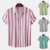 Men's Casual Holiday Stripe Printed Short Sleeve Top Cozy Lapel Short Sleeve Shirt