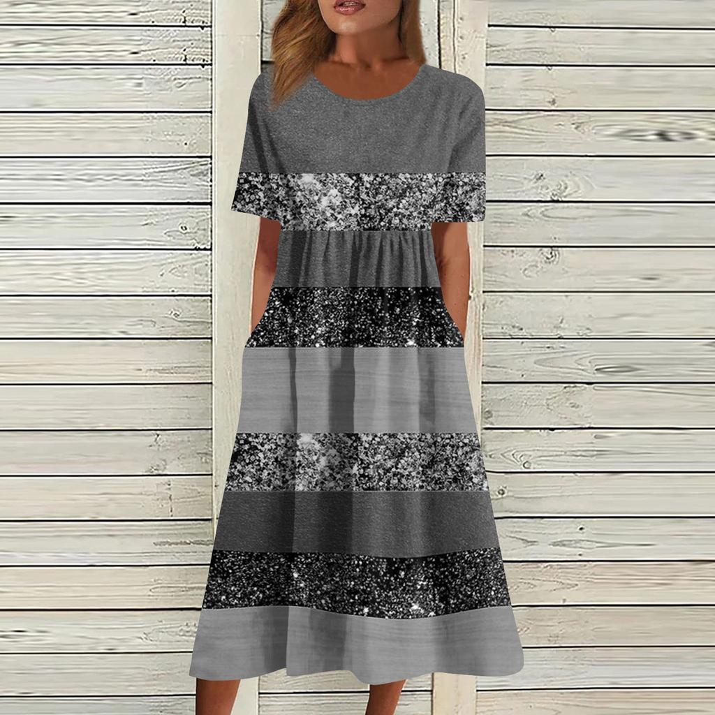 Women's Casual Dresses Printed Dresses Pleated Round Neck Basic Classic Outdoor Daily Short Sleeve Loose Dresses