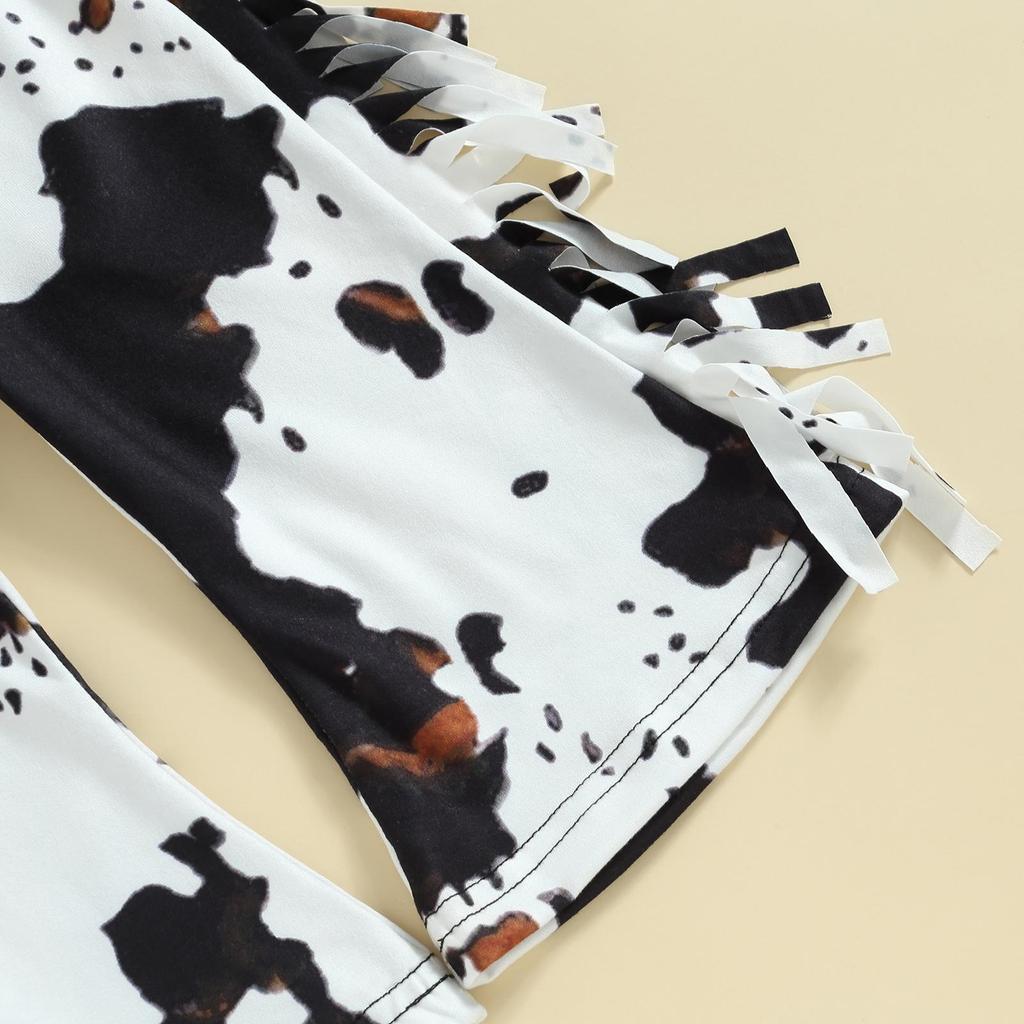 Комплекты из 2 предметов для маленьких девочек 6 месяцев, 12 месяцев, 18 месяцев, 24 месяцев, 3 года, 4 года, толстовка с длинными рукавами с буквенным принтом и расклешенные брюки с коровьим принтом и кисточками, милая одежда