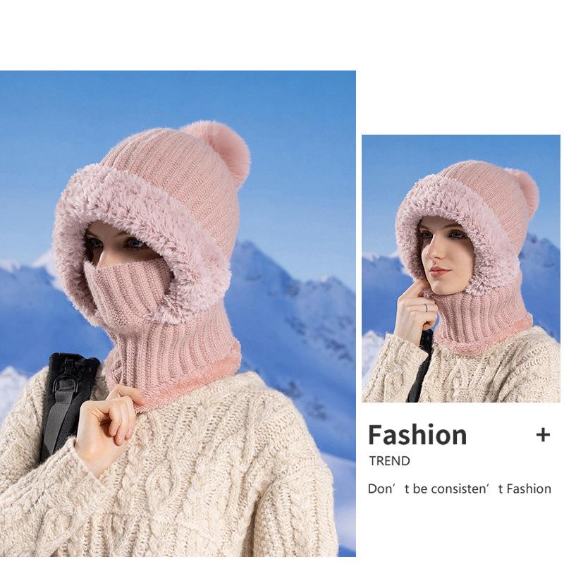 Knitted hat, scarf, mask, integrated pullover hat, women's winter cycling windproof and plush warm wool hat