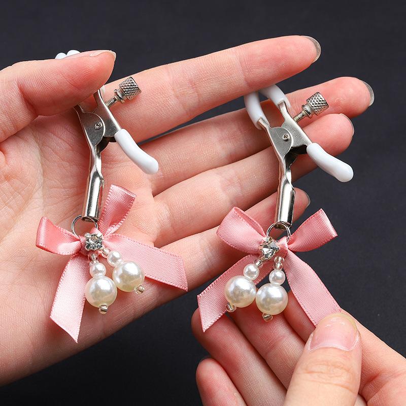 Pink Adjustable Metal Nipple Clamps with Soft Non-Slip Pads Bow Pearl Rhinestone Decor for Couples Intimate Bedroom Play