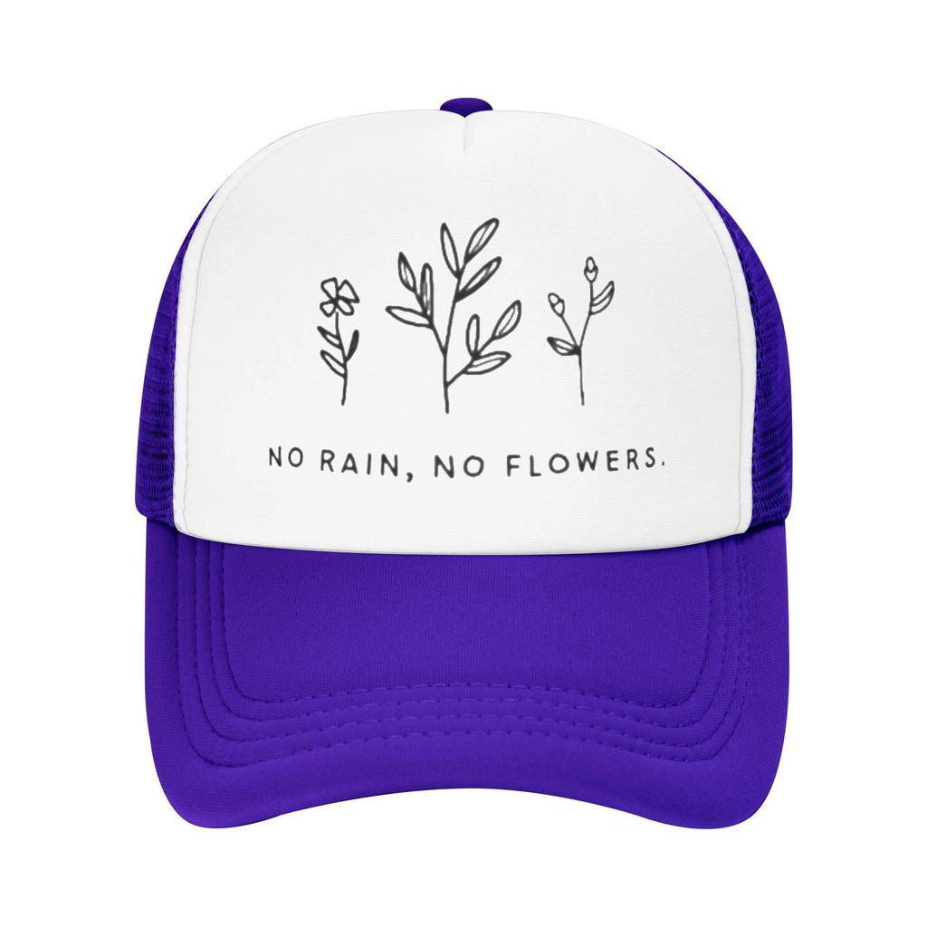 No Rain No Flowers Graphic Trucker Hat Minimalist Floral Design Breathable Mesh Baseball Cap Unisex Casual Adjustable