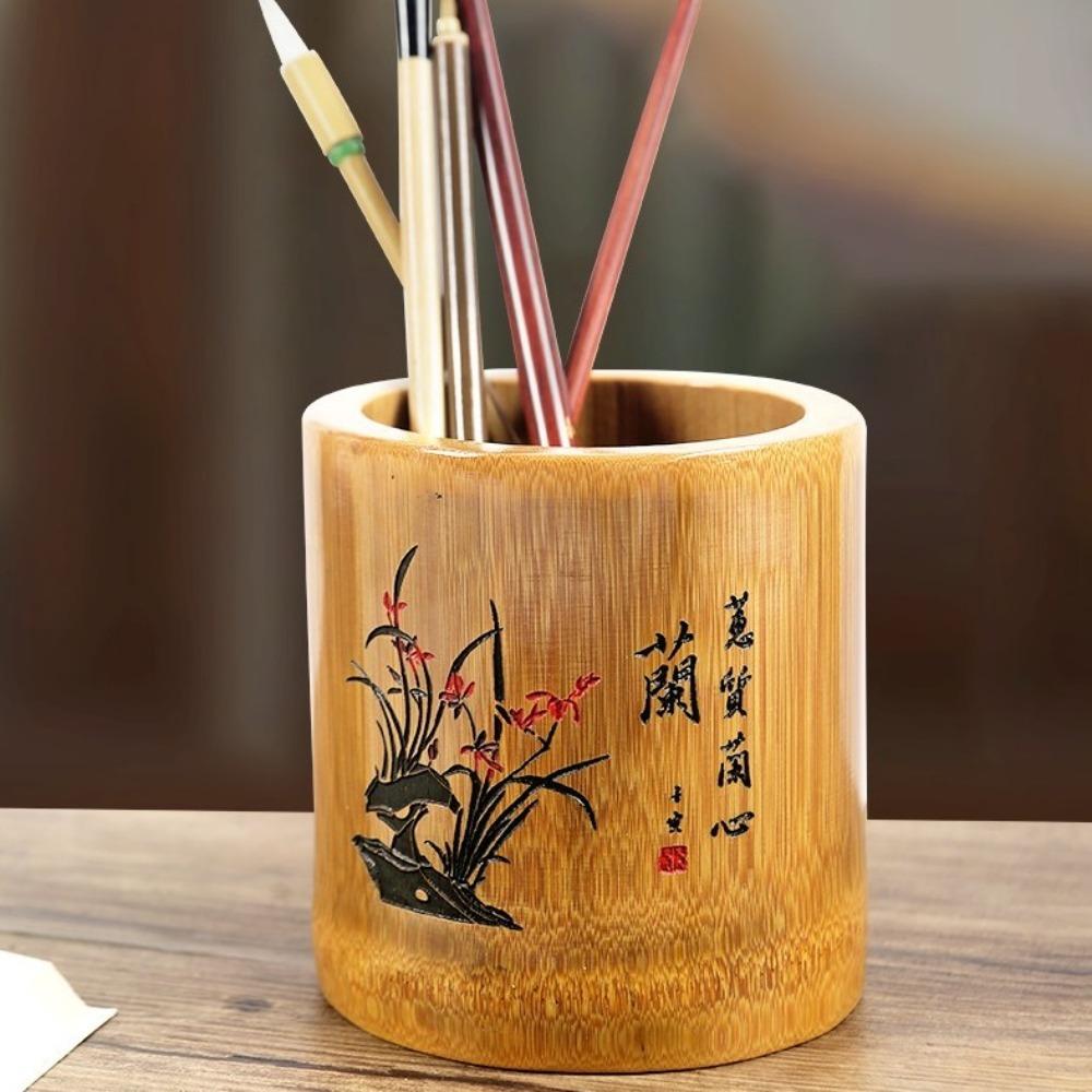 Portable Multifunctional Desktop Storage Box Cylindrical Plum Blossom Pen Holder Chrysanthemum Chinese Style Pencil Box Student