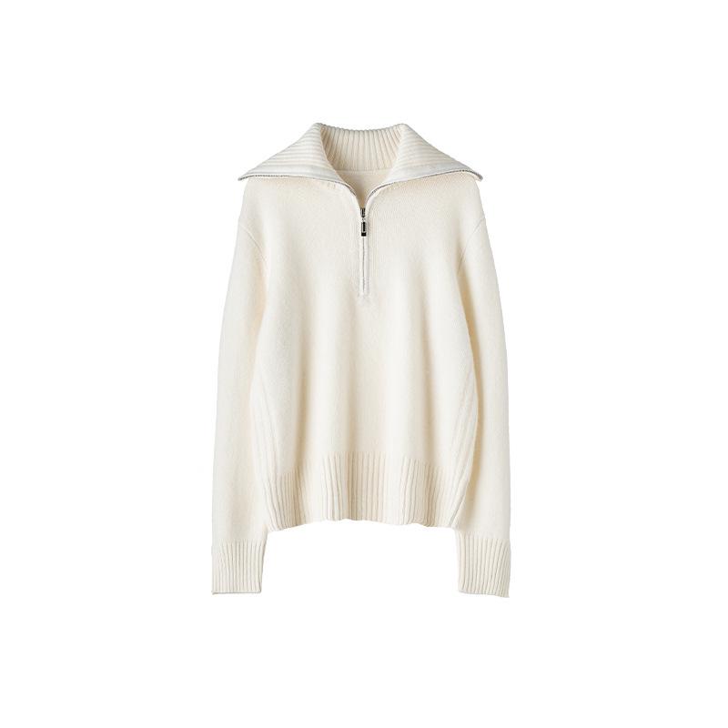 2024 Autumn Winter Women's Half-Zip Cashmere Knit Lapel Outerwear - Loose, Warm, Slimming Long Sleeve Korean Style