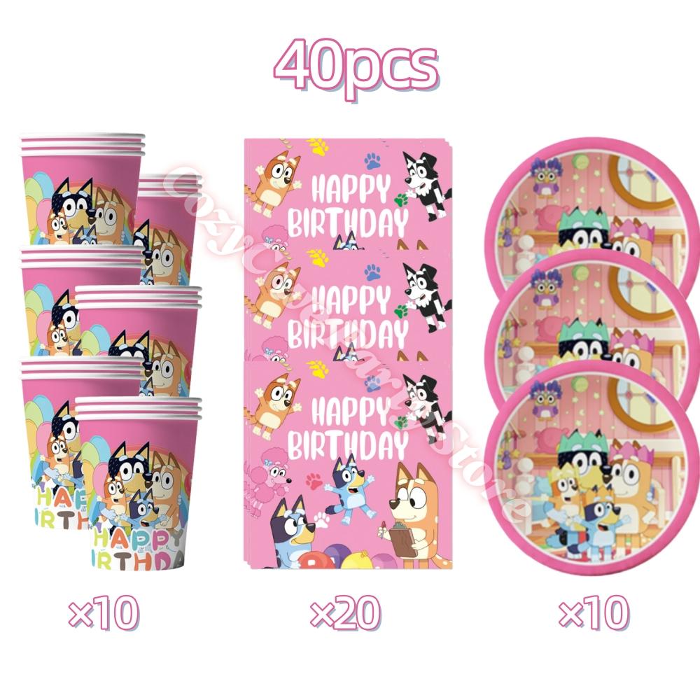 Pink Bluey Birthday Party Decoration Bingo Puppy Tableware Set Cup Plate Straws Balloons For Kids Favor Gifts Photo Booth Props