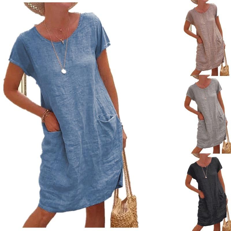 Summer Loose Solid Color Pocket Short Sleeve Crew Neck Dress for Women