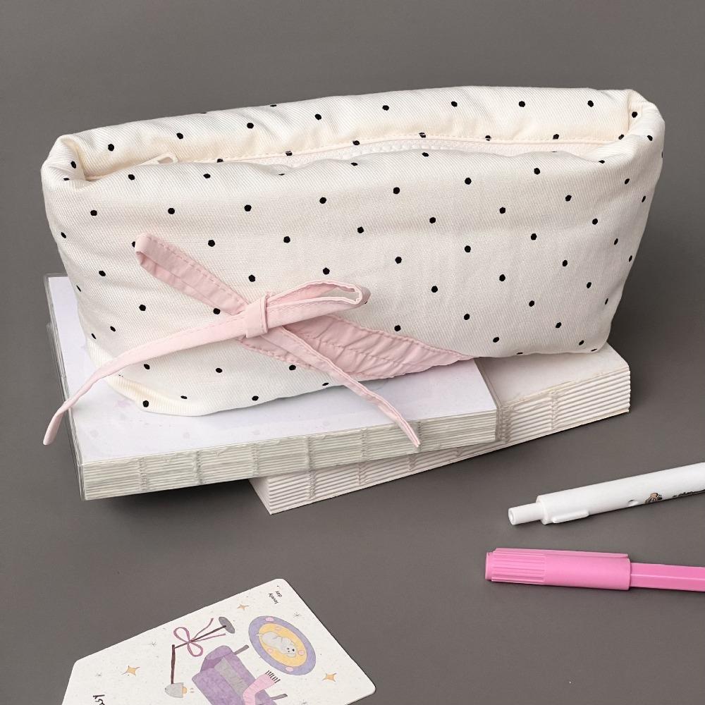 Simple and Niche Cute Snow-white Polka Dot Pencil Bag Large Capacity Student Pencil Box Makeup Storage Bags Stationery