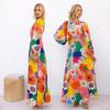 Women Spring Full Lantern Sleeves Floral Print Slim Dress Summer Casual O-Neck A-Line High Waist Long Dresses S-XL