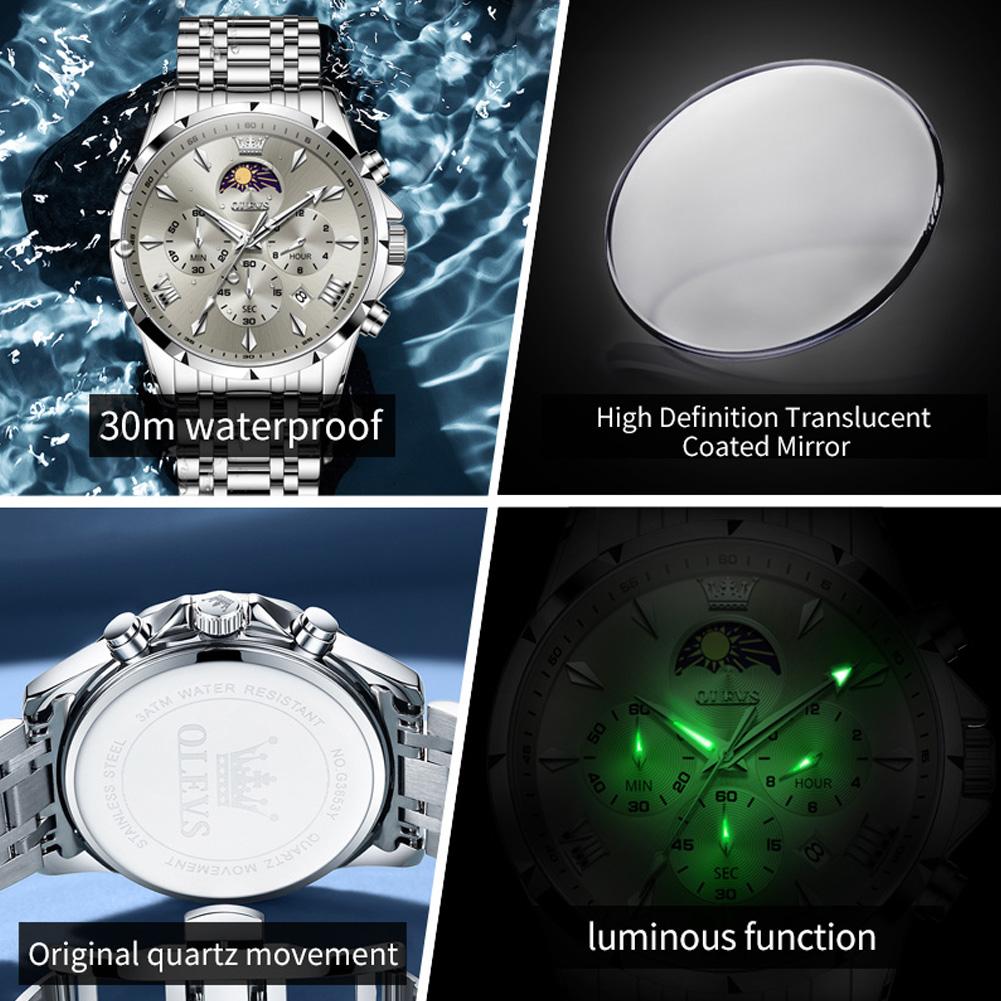 OLEVS New Mens Watches Classic 7 Hands Steel Strap Moon Phase Chronograph Date Waterproof Multi-function Quartz Wristwatch 3653