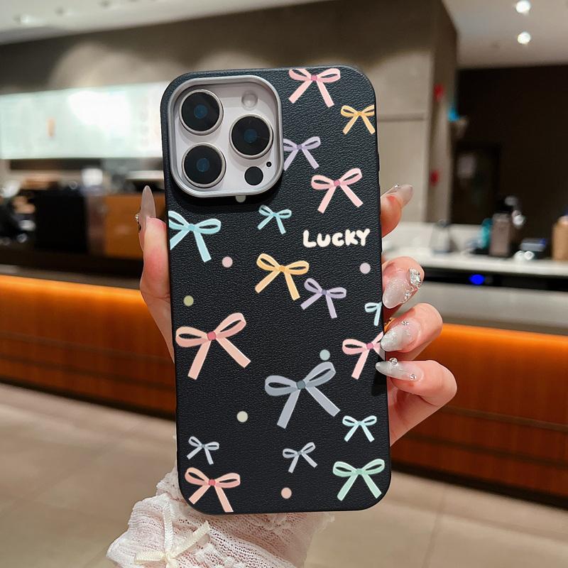 Leather Texture Colorful Bowknot Patterned Phone Case for iPhone 16 Pro 15 14 Plus 13 12 Pro Max 11 Shockproof Soft Tpu Slim Matte Case Cover
