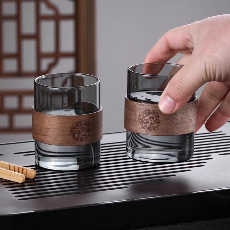 Thickened Glass Tea Cup with Wooden Ring Heat-resistant and Heat-resistant Water Cup Master Cup Household Glass Cup Coffee Cup
